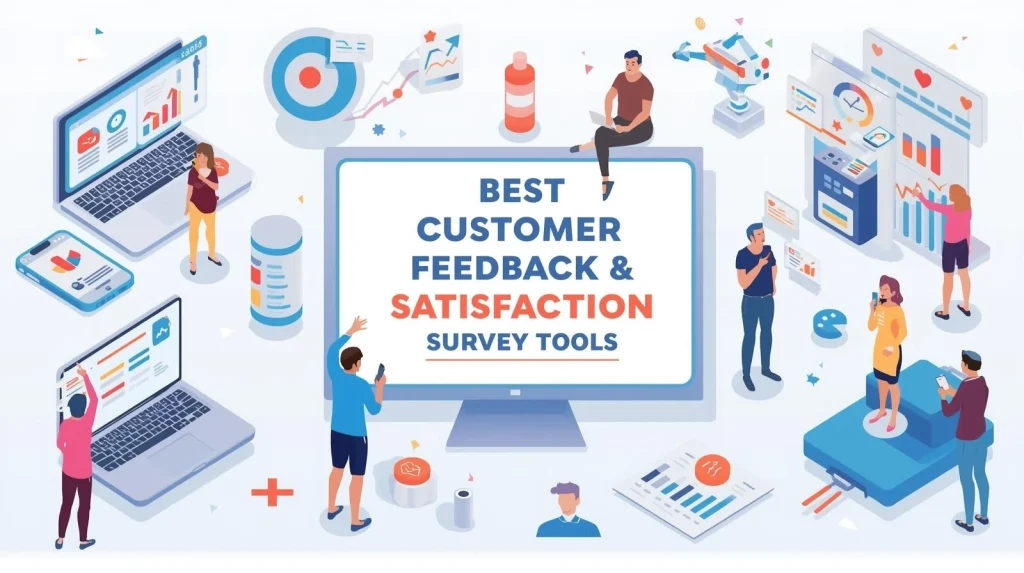 Illustration showing top customer feedback and satisfaction survey tools for small and medium businesses in 2025, including charts, devices, and analytics icons