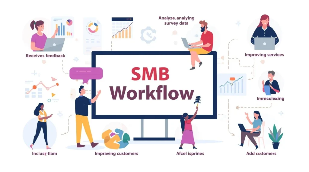 Diagram showing SMB workflow incorporating customer feedback surveys to improve service and customer satisfaction