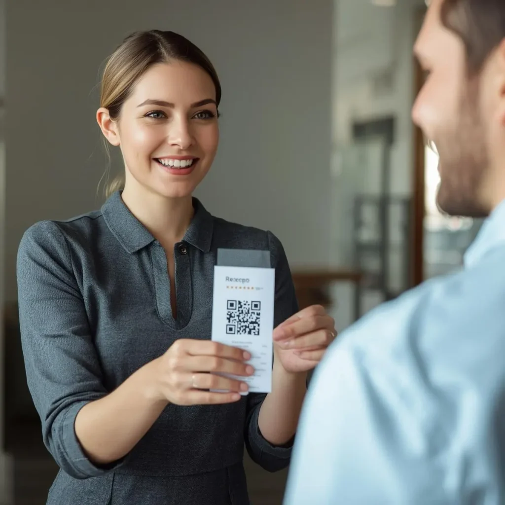 Shop owner inviting a customer to leave a Google review