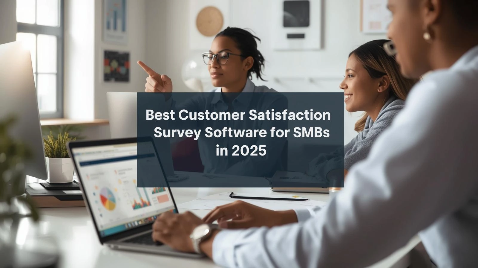 A small business owner reviewing customer satisfaction survey software dashboard with charts, ratings, and analytics data in a modern office setup.