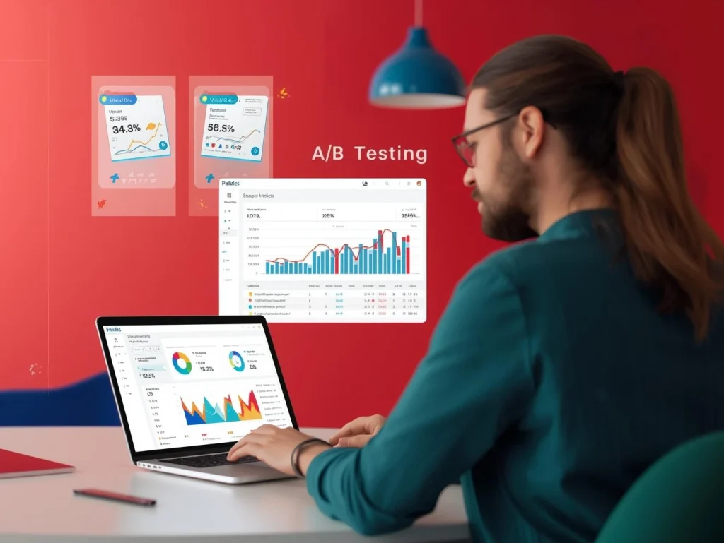 Professional using CRO tools such as heatmaps, A/B testing, and analytics dashboards to optimize conversions.