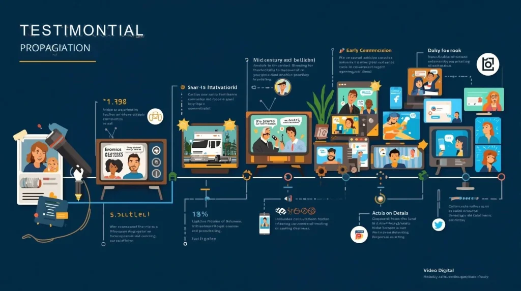 Timeline-style illustration showing the evolution of testimonial propaganda in advertising and politics, from print ads to modern social media and influencer marketing.