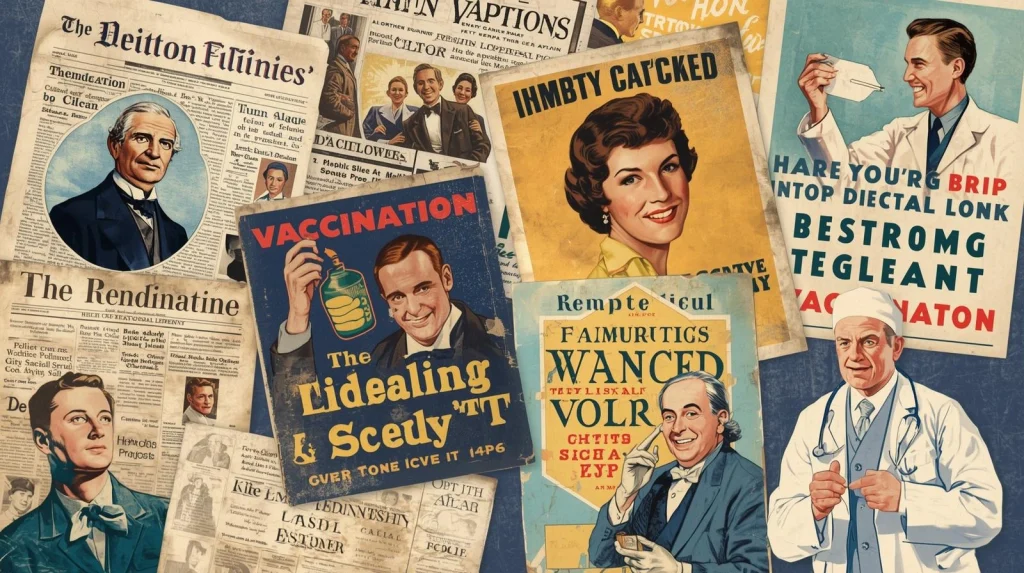 Collage illustration showing historical examples of testimonial propaganda: political endorsements, celebrity advertisements, and public health campaigns