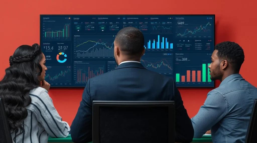 Small business owner reviewing CRO dashboards showing doubled sales and conversion metrics.