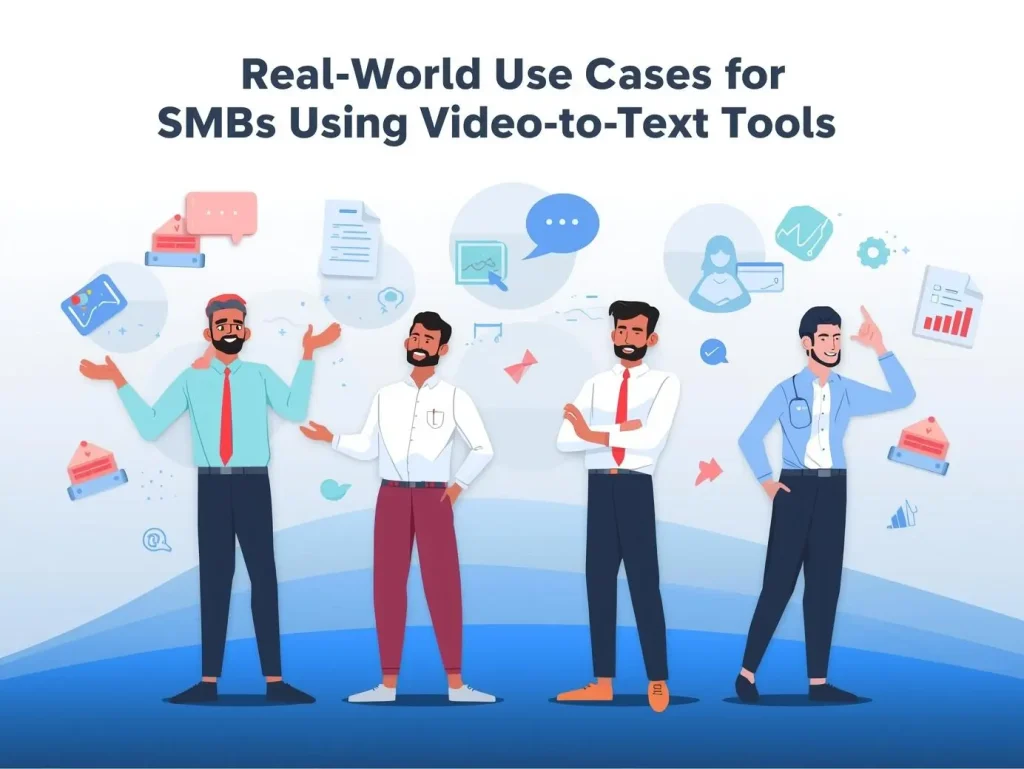 Illustration of small business owners using AI video-to-text tools to convert customer feedback videos into written testimonials and marketing content.