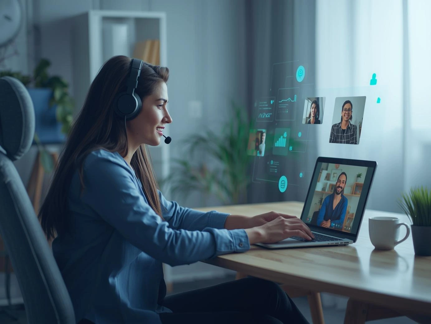 Professional working remotely in a home office, collaborating via video call, representing remote job opportunities for SMB professionals.