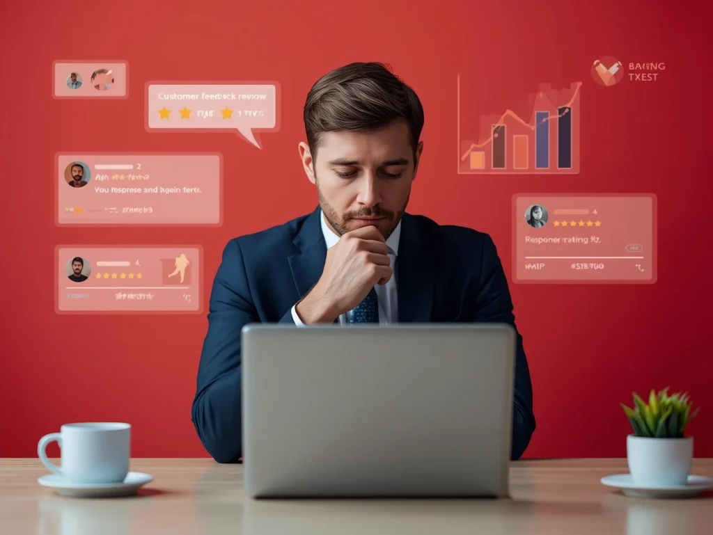 Business owner reviewing negative customer feedback on a laptop, preparing a professional response to maintain reputation.