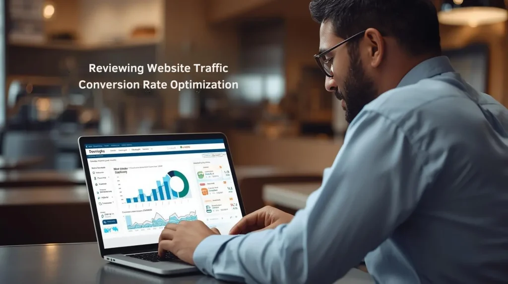 Restaurant owner analyzing website CRO dashboard showing increased online orders.
