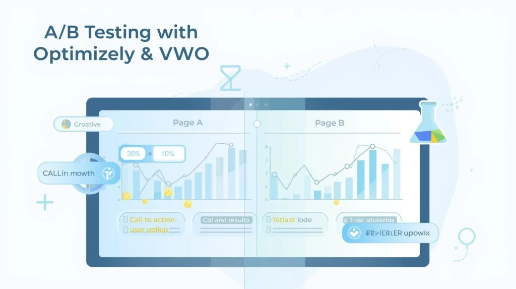 Illustration of A/B testing using Optimizely and VWO showing two website variations with performance results.