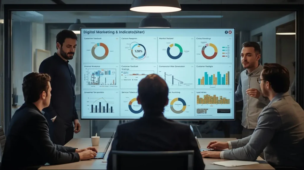 Service business team analyzing CRO dashboard and customer engagement data.