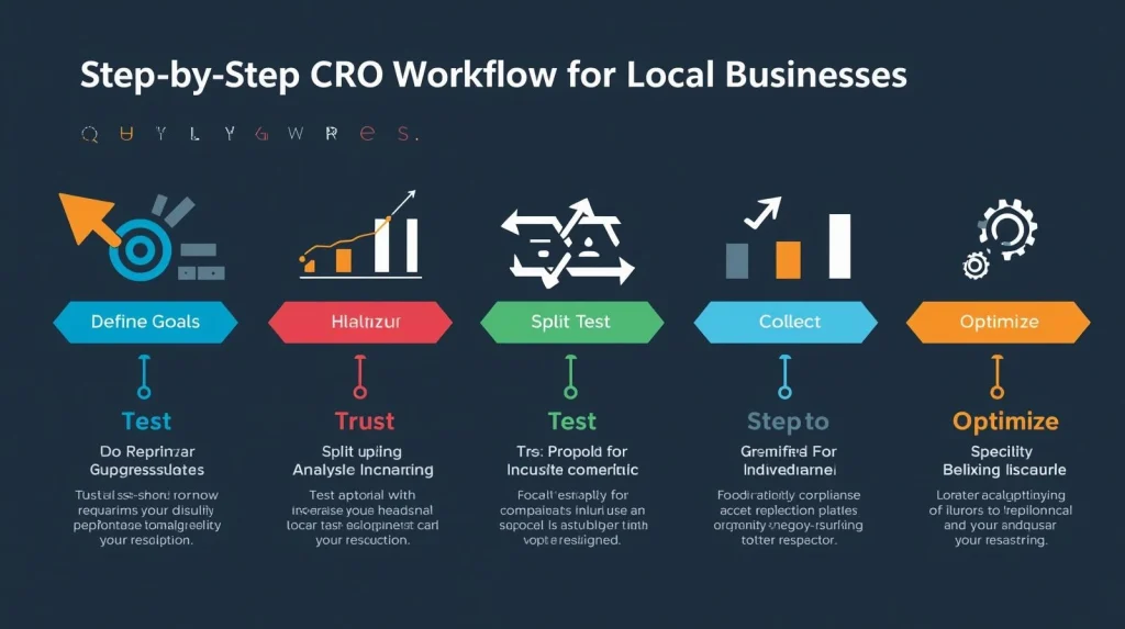 Infographic showing the CRO workflow for local businesses with steps including defining goals, analyzing customer behavior, running A/B tests, collecting feedback, and continuous optimization.