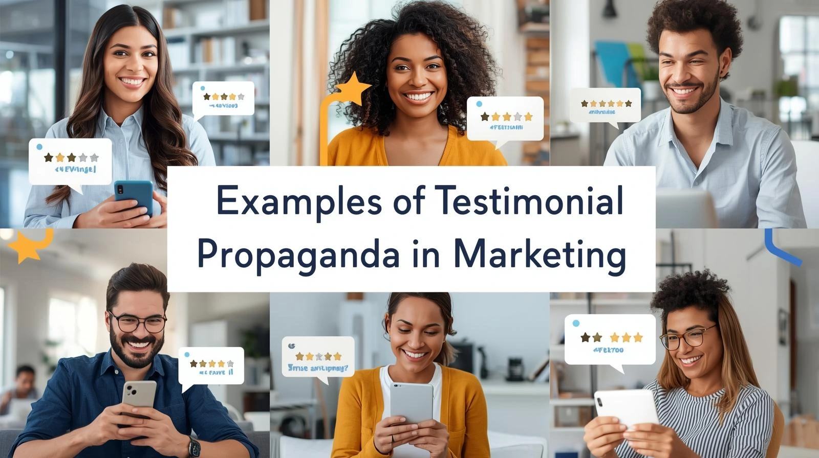 Real customers giving testimonials with star ratings and review bubbles, representing social proof and testimonial propaganda in marketing.