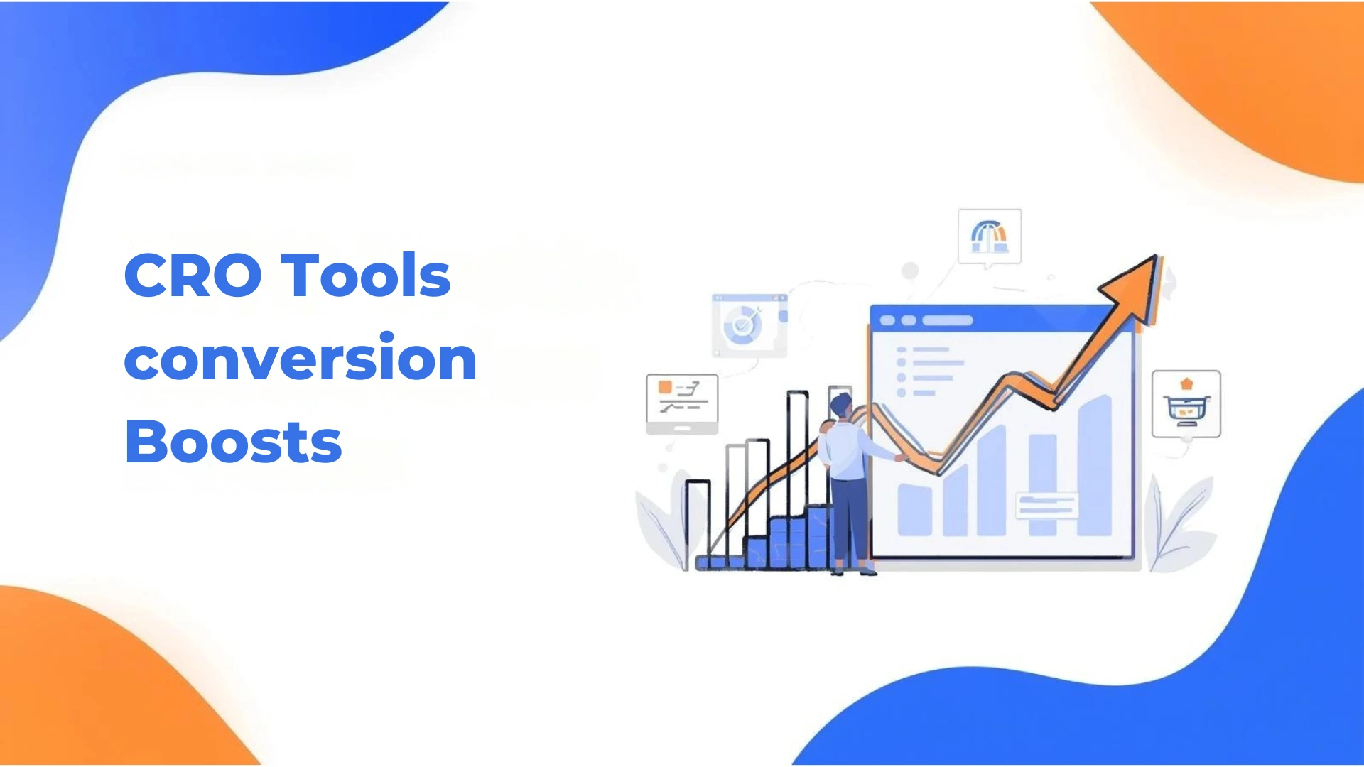 Illustration showing conversion rate optimization tools for small and medium businesses, including graphs, analytics dashboards, and icons representing digital marketing growth.
