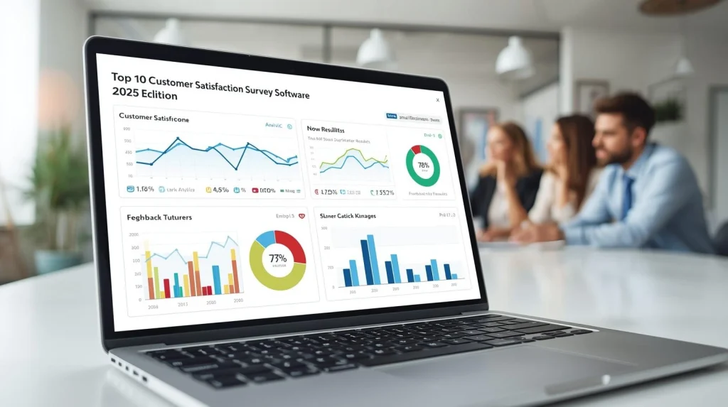 Small business owners analyzing dashboards of the top 10 customer satisfaction survey software for 2025, showing ratings, analytics, and feedback charts.