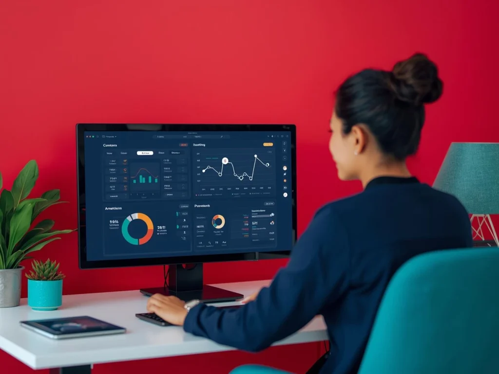 Professional managing marketing or content tasks remotely with multiple screens and analytics dashboards.