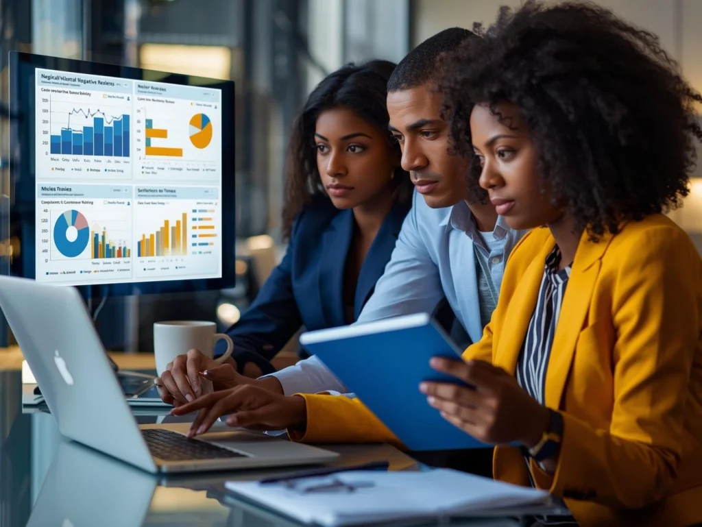 Business team analyzing negative reviews and customer sentiment to improve reputation.