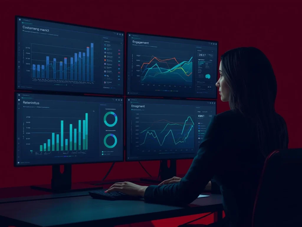 Professional analyzing customer retention metrics on multiple screens, showing the impact of conversion optimization.