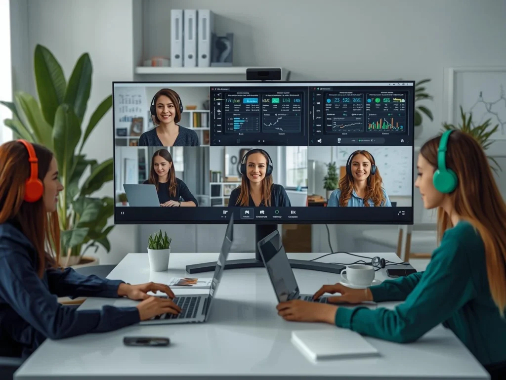 Diverse professionals working remotely via video calls and online collaboration tools, representing remote work trends.