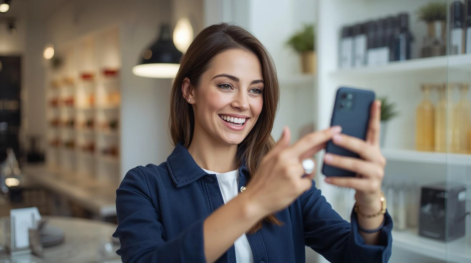 Local business owner filming a short video with smartphone and team, social media icons indicating viral marketing.