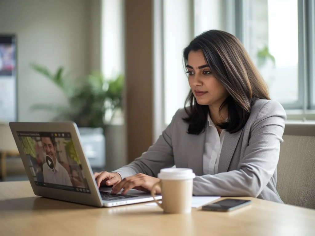 Marketing professional converting customer video stories into text testimonials using AI tools in a modern office.